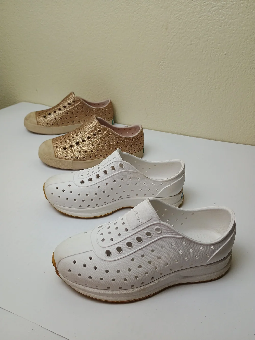 Native Little Kids Slip-On Water Shoes in White and Glitter Gold - Washable
